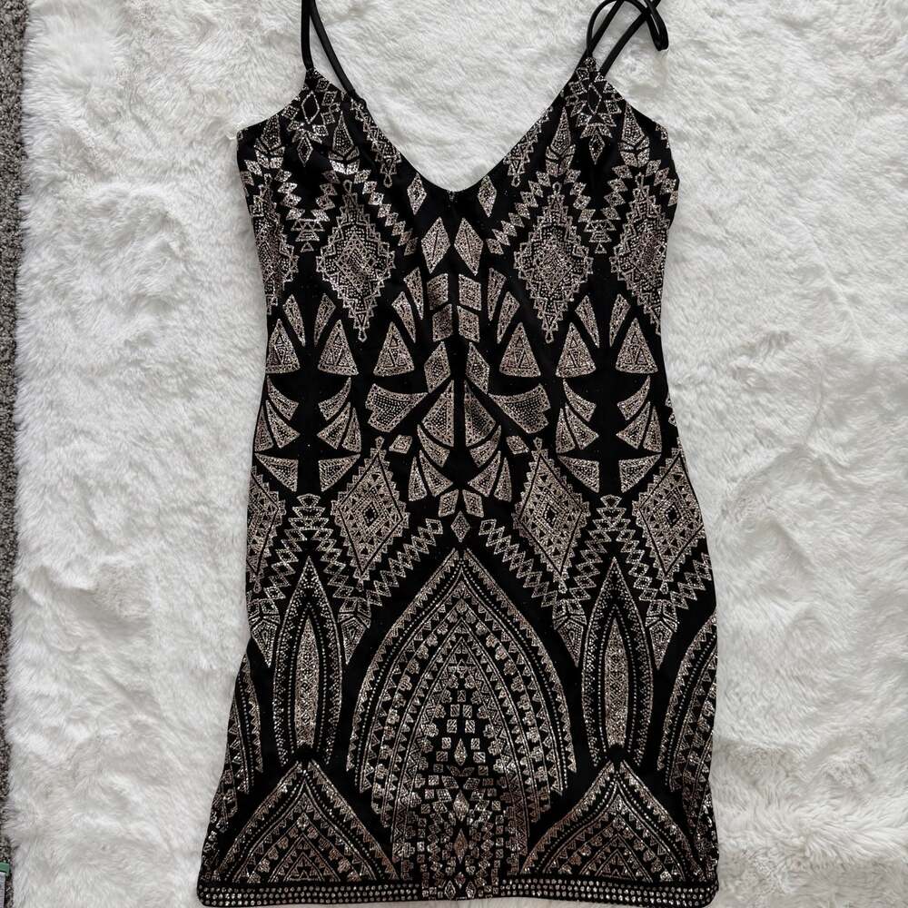 Reign On Women's Black and Gold Glitter Geometric Print Slip Dress Size M